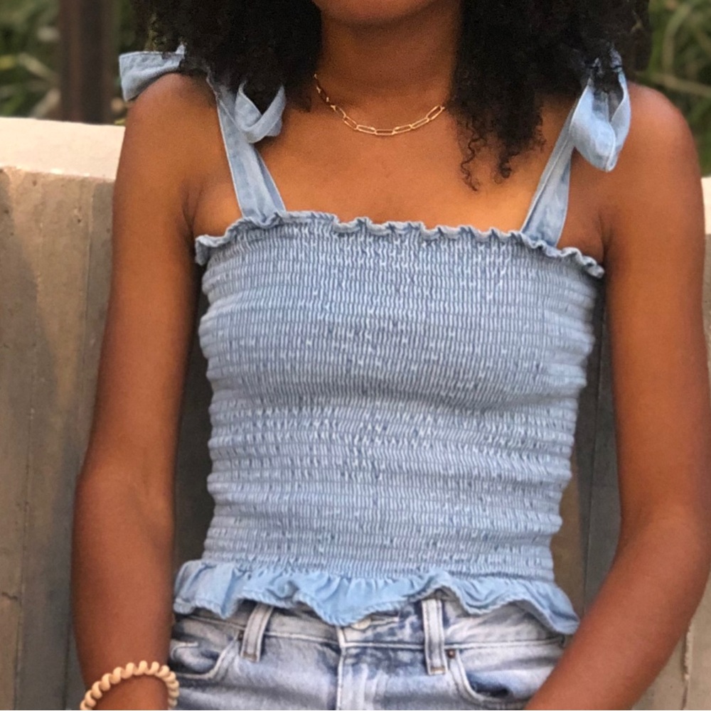 American Eagle Outfitters Denim Tie Shoulder Tank Top (Size: Small)